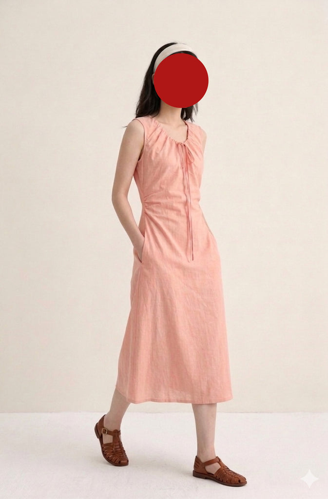 Ruched v-neck ribbon sleeveless dress in apricot