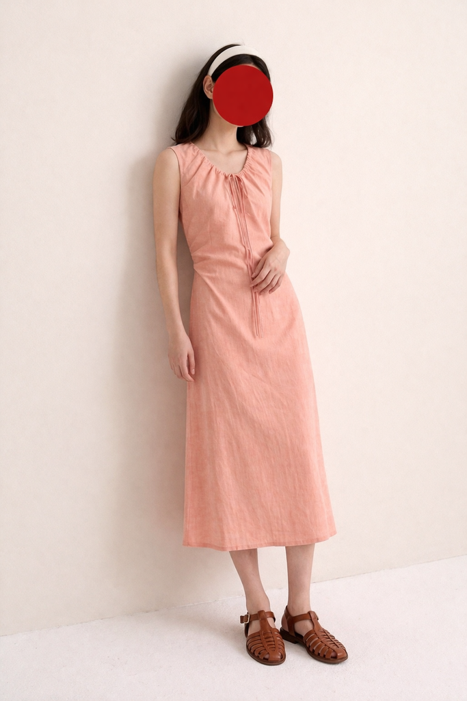 Ruched v-neck ribbon sleeveless dress in apricot