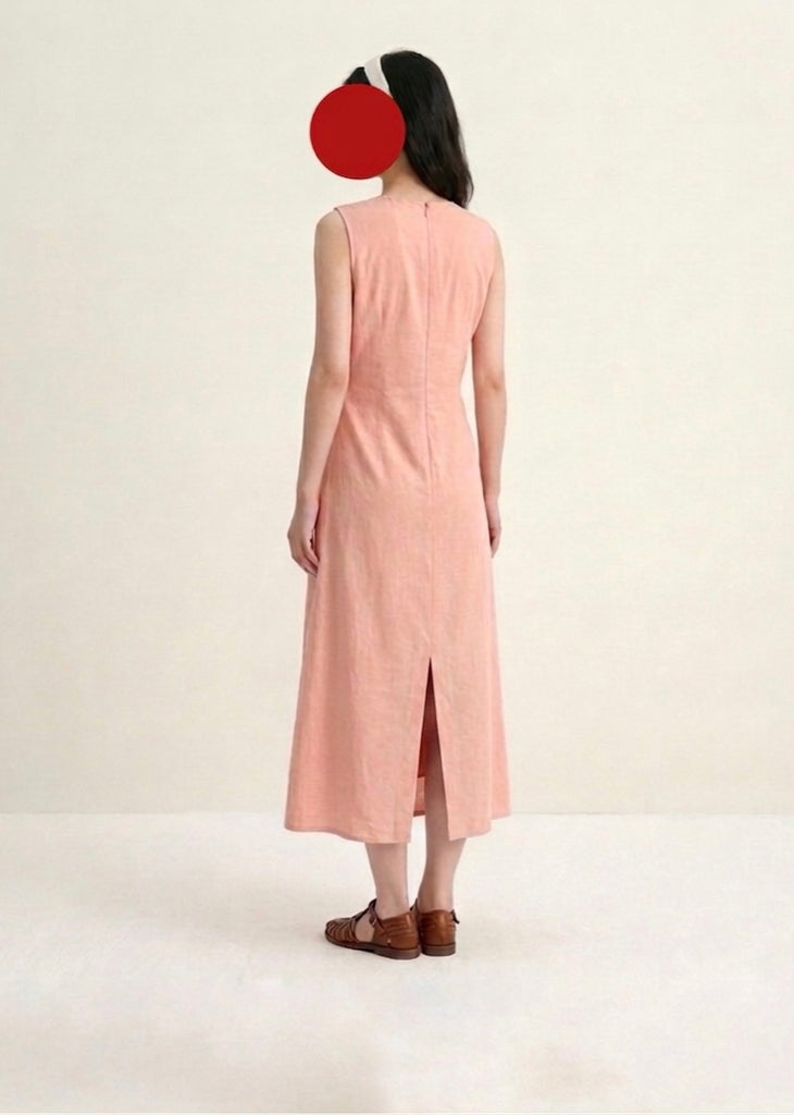 Ruched v-neck ribbon sleeveless dress in apricot
