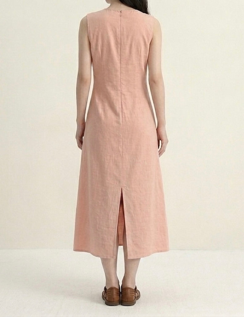 Ruched v-neck ribbon sleeveless dress in apricot