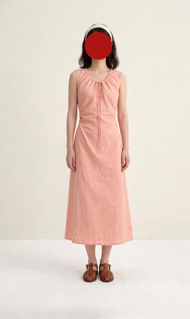 Ruched v-neck ribbon sleeveless dress in apricot
