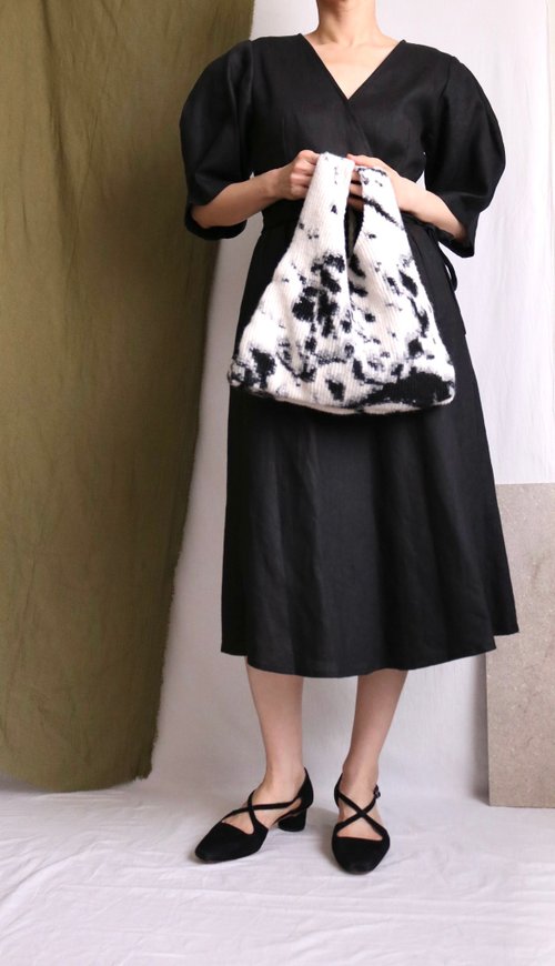Curved sleeve black linen wrap dress