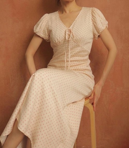 Ecru pink puff sleeve floral print cotton dress