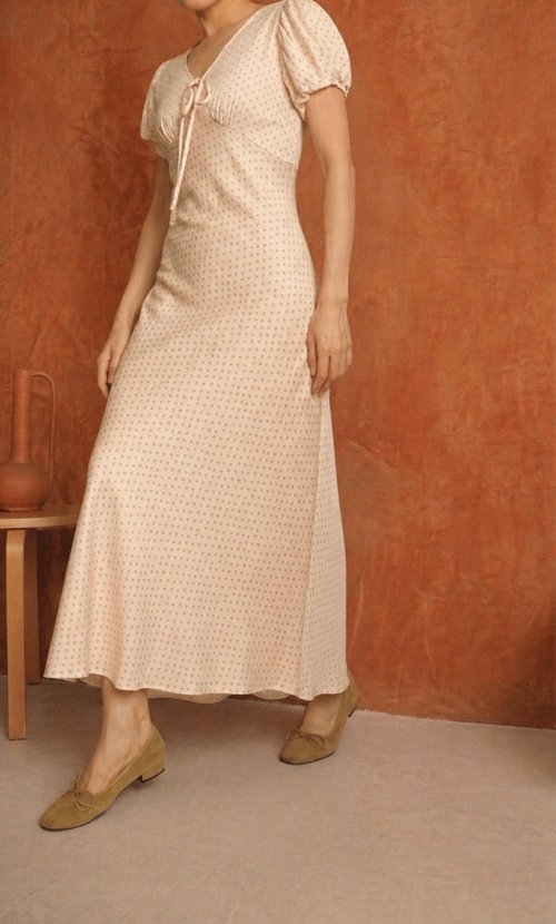 Ecru pink puff sleeve floral print cotton dress